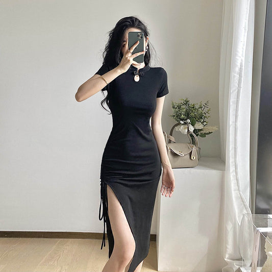 Black Ruched Bodycon Mid Length Dress - Mubimart