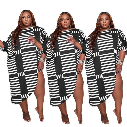Loose Personality Striped Plus Size Women's Casual Dress - Mubimart