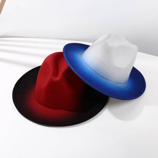 Fashion Gradient Color Fedora Hat Flat Brim Woolen Felt Hat - Mubimart