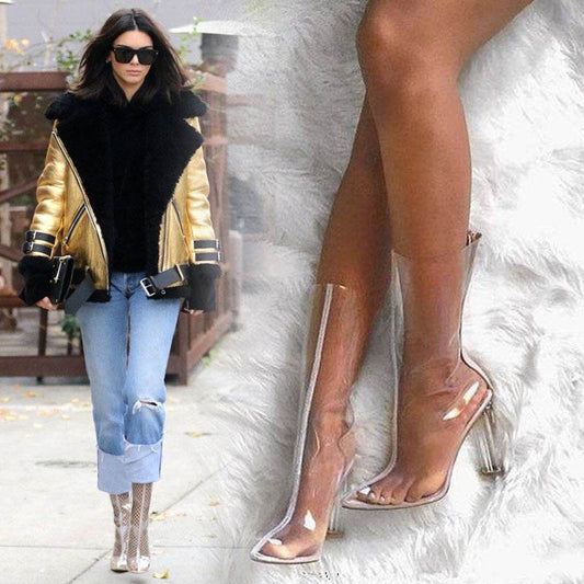 Crystal Thick Heel Mid-calf Personalized Women's Boots - Mubimart