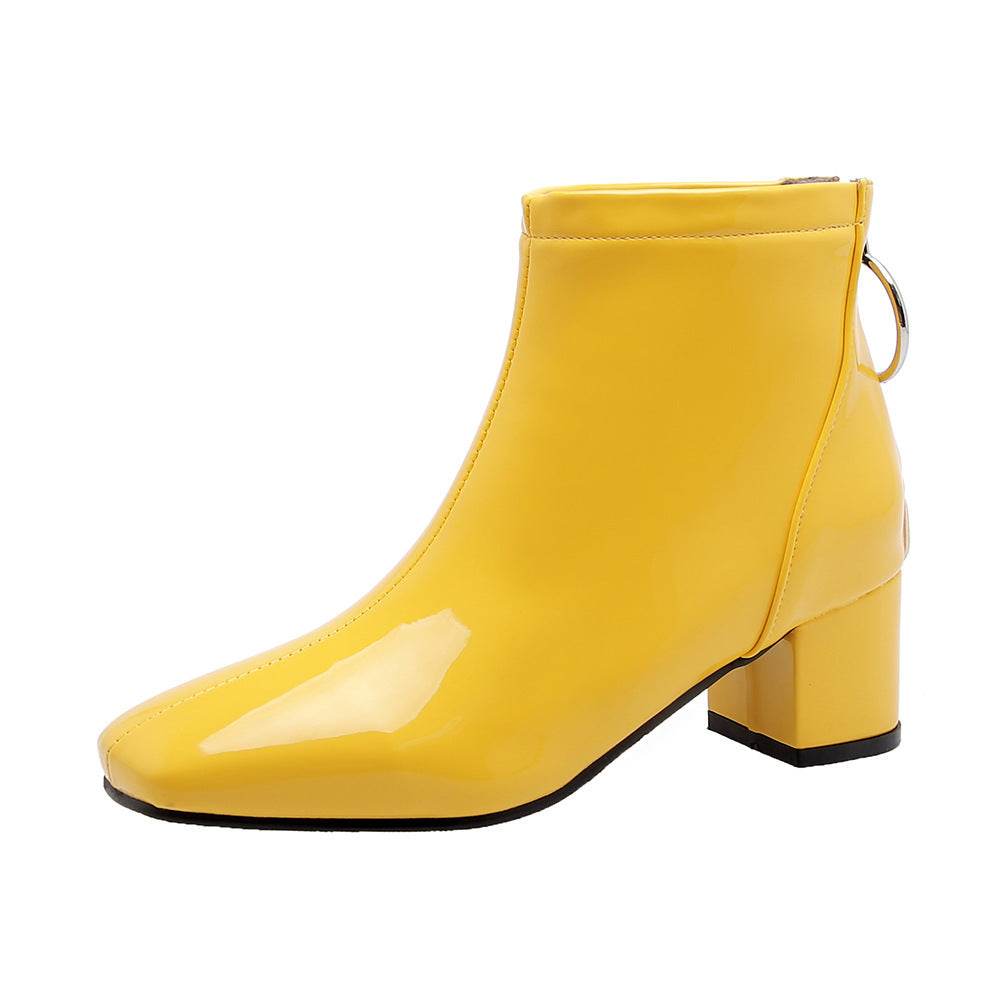 Mid heel lacquered square toe boots - Mubimart