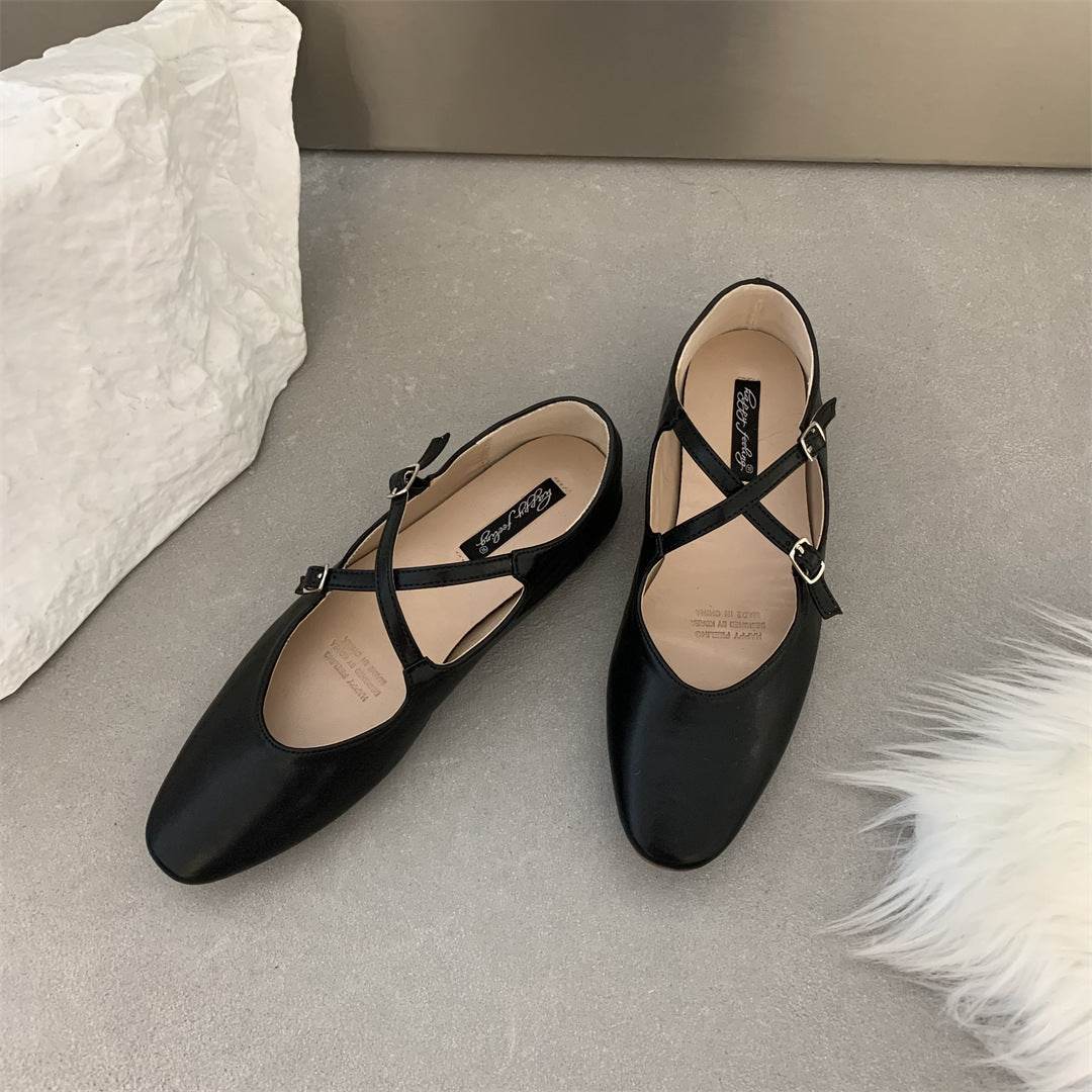 Cross Buckle Flats Women's Retro - Mubimart