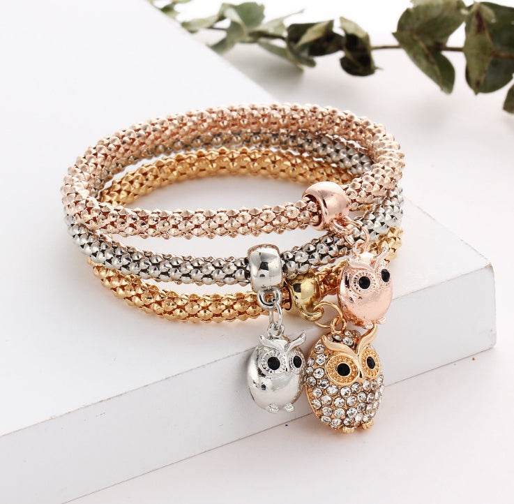 3 Pieces Set Crystal Bead Bracelet for Women Decorated with Crystal Owl Charm - Mubimart