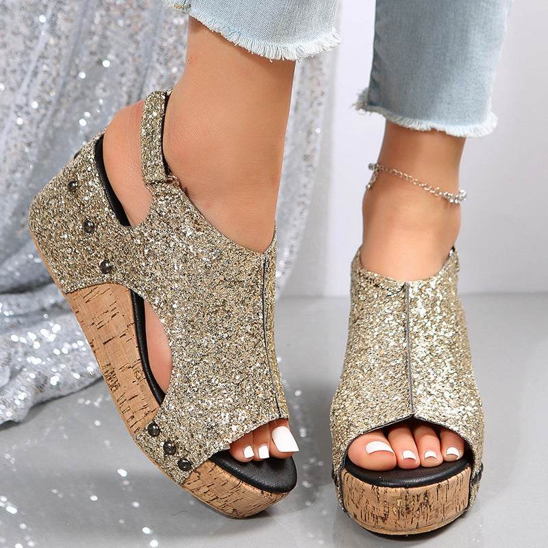 Summer Chunky Wedges Sandals Fashion Sequins Velcro Shoes Women - Mubimart