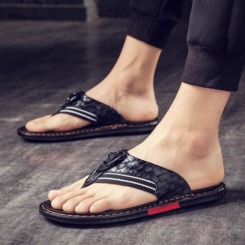 Leather Non-slip Slippers Men Outdoor Flip Flops Sandals - Mubimart
