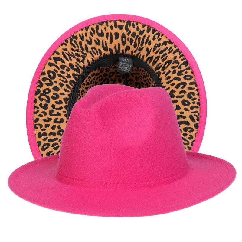 Double-sided Color-blocking Leopard Print Woolen Fedora Hat - Mubimart