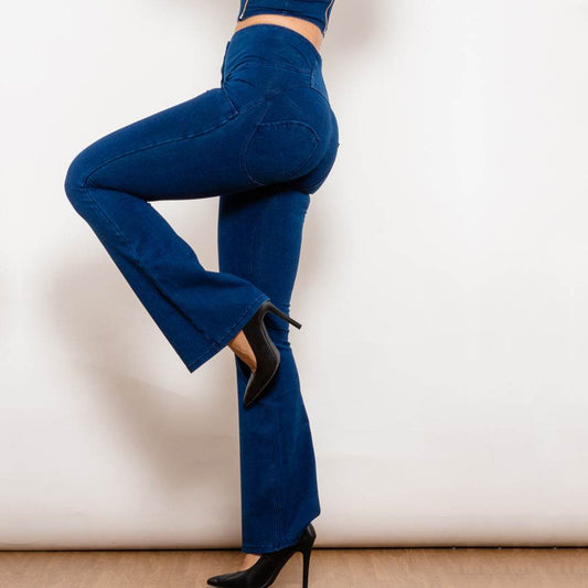 Shascullfites Melody Dark Blue Flared Lift Jeggings Button Up Jeans Bum Lift Jeans High Waist Flare Jeans Women - Mubimart