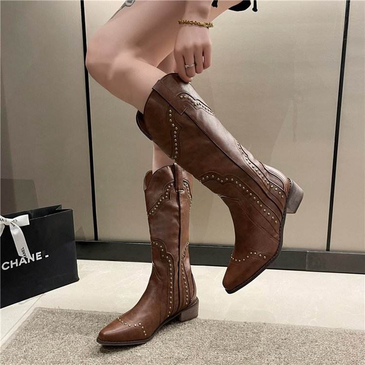 Retro Rivet Western Cowboy Boot All-match High-top Women - Mubimart