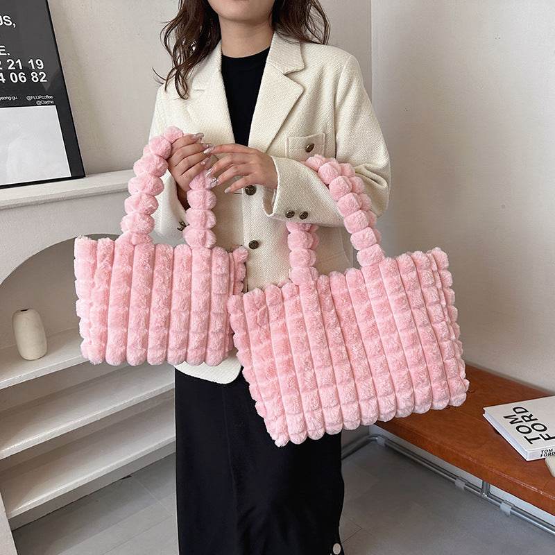 Plaid Handbags Winter Fashion High Capacity Shopping Plush Bag Korean Style Personalized Designer Luxury Tote Bags For Women - Mubimart