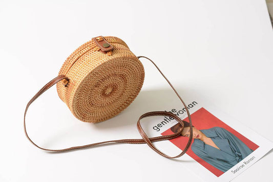 INS CHIC Handmade Crossbody bags Bohemian Straw Bags for Women Little Circle Beach Handbags Summer Vintage Rattan Bag - Mubimart