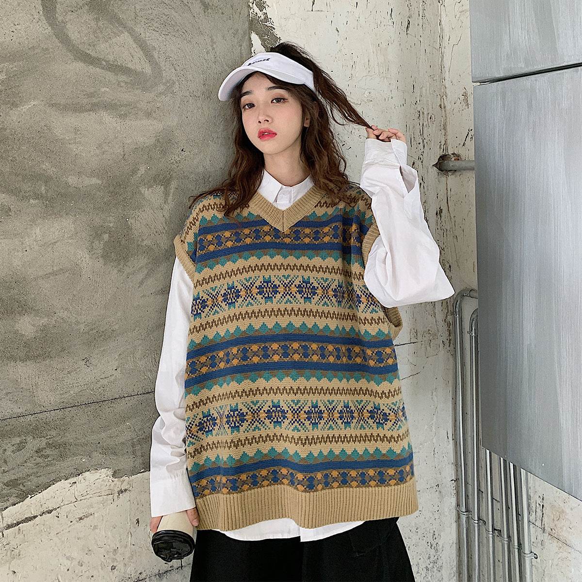 Ethnic style jacquard sweater vest - Mubimart