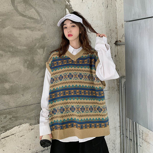 Ethnic style jacquard sweater vest - Mubimart