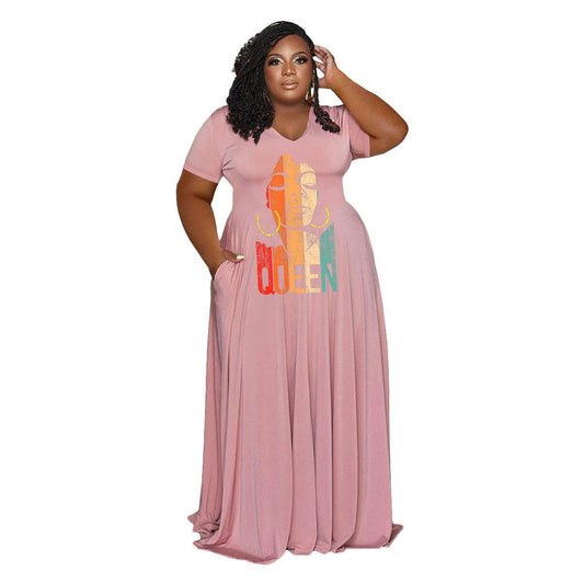 Women's Fashion Casual V-neck Plus Size Dress - Mubimart