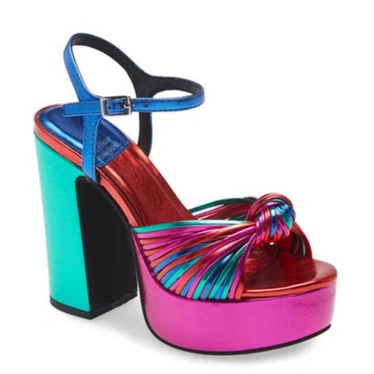 Women's Round Toe Hollow Platform Slingback Chunky High Heel Sandals - Mubimart