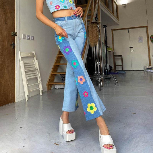 Women's Fashion Pattern Colorblock Bootcut Jeans - Mubimart