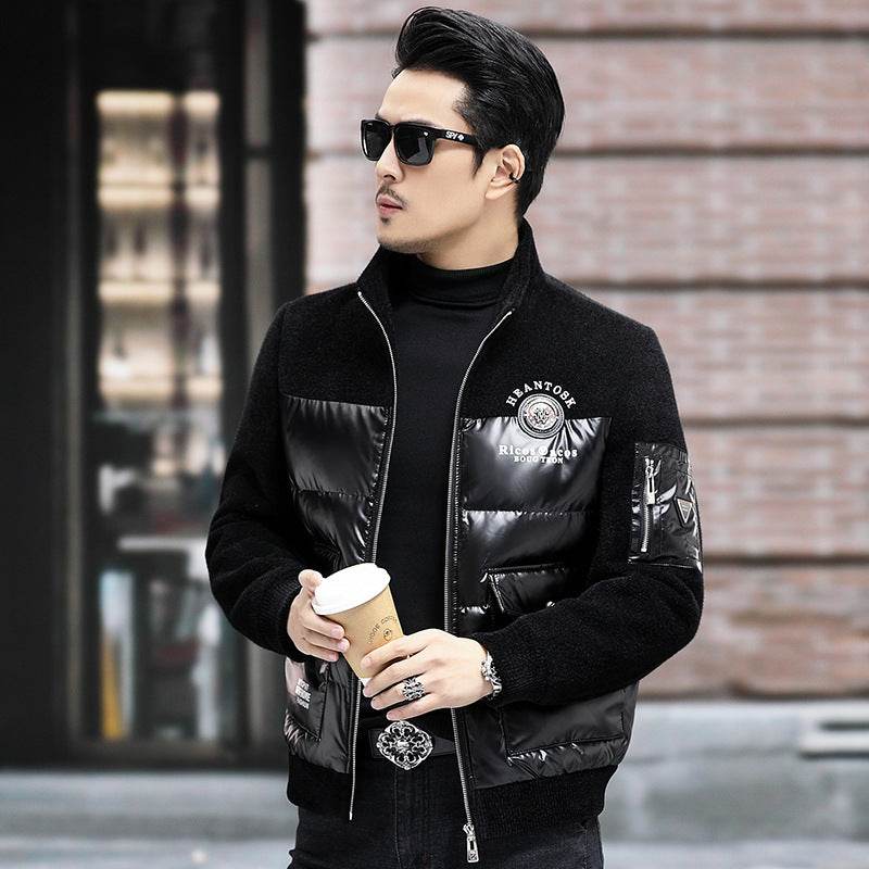 Down Jacket Men's Stand Collar Knitted Sleeve Casual Duck Down Coat - Mubimart