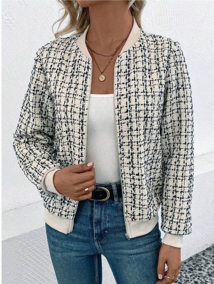 Fashion Plaid Zipper Short Jacket Autumn And Winter Casual Long Sleeve Baseball Clothing Women's Outwear Tops - Mubimart