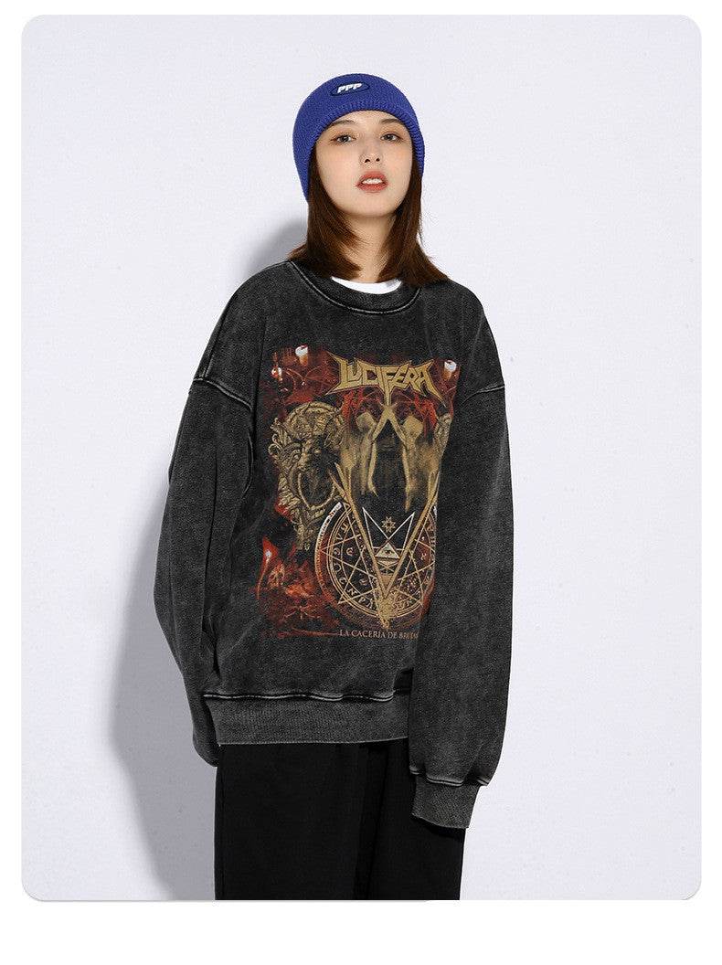 High Street Round Neck Sweater Mens Tide Brand Retro Wash Old Dark Print Loose - Mubimart