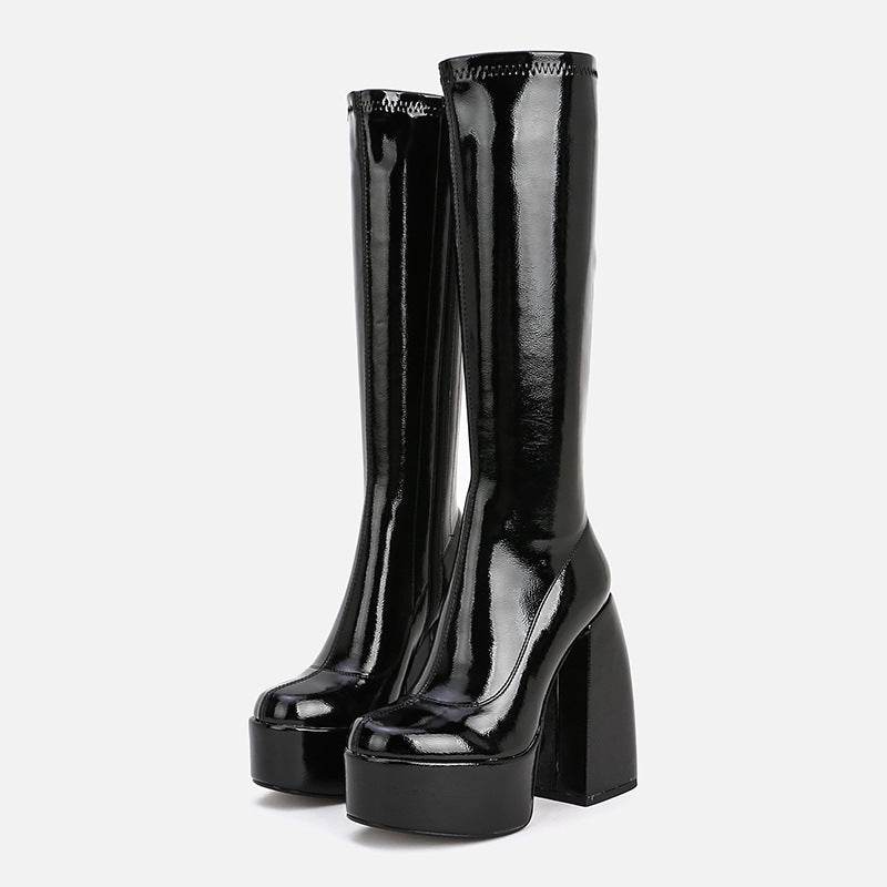 Tall Chunky Heel Round Toe Platform Stretch Boots Above Knee - Mubimart