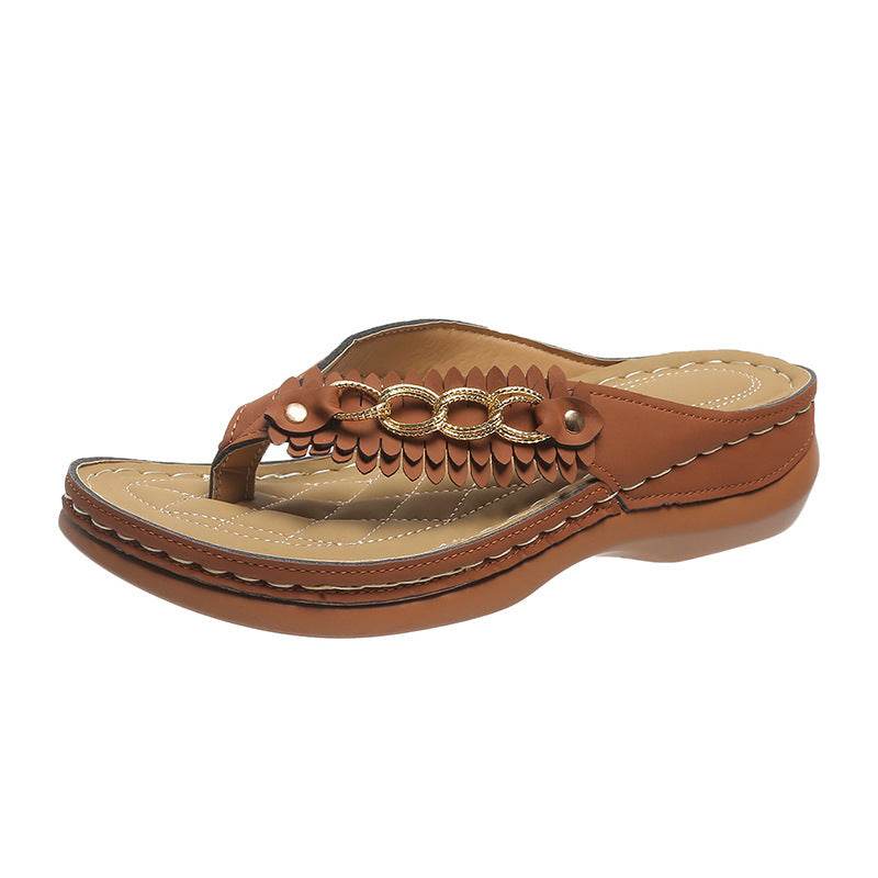 Summer Women Wedge Sandals With Chain Anti-Slip Slippers Retro Slides Flip Flops Shoes - Mubimart
