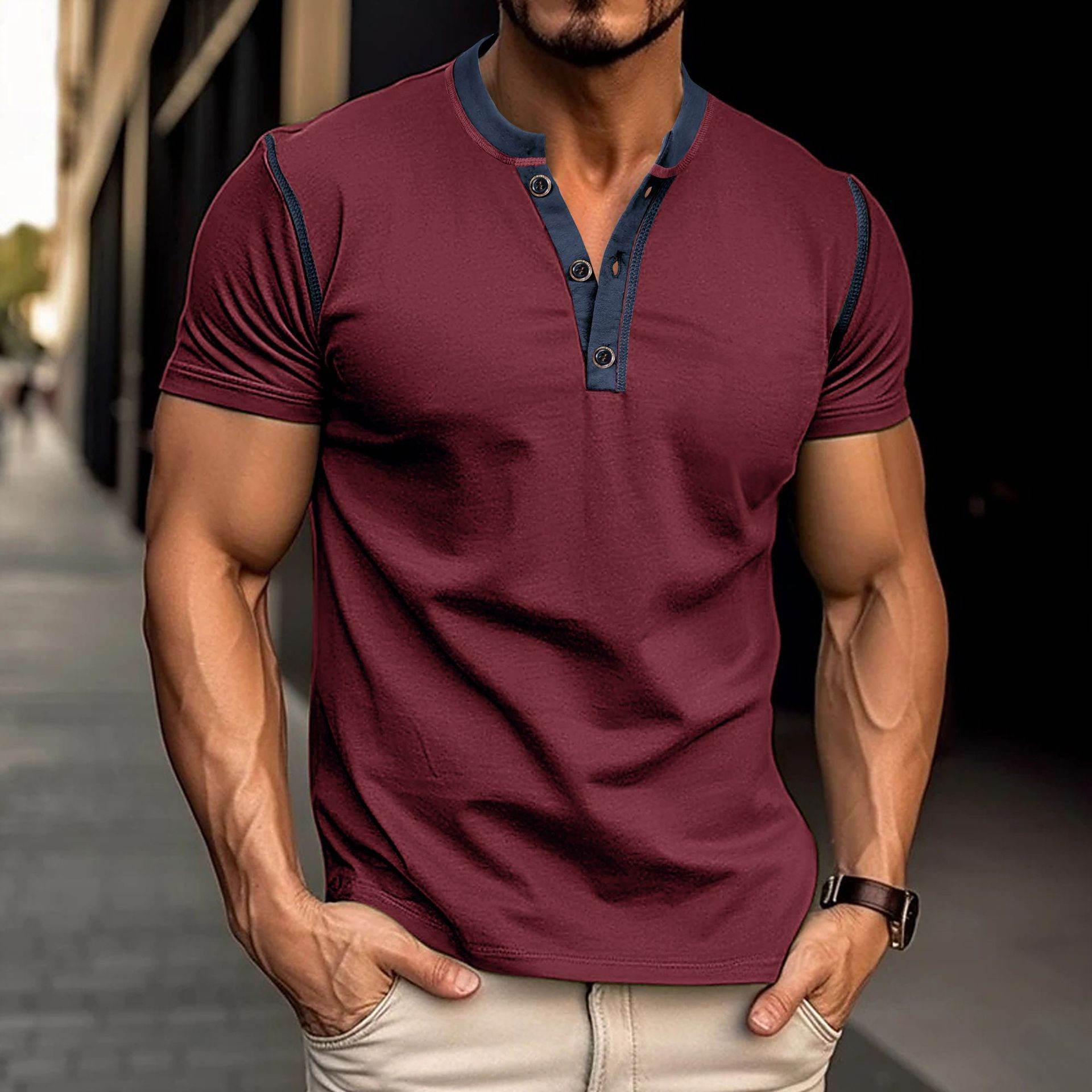 Fashion Short-sleeved Polo Shirt Summer Button V-neck T-shirt Tops Mens Clothing - Mubimart