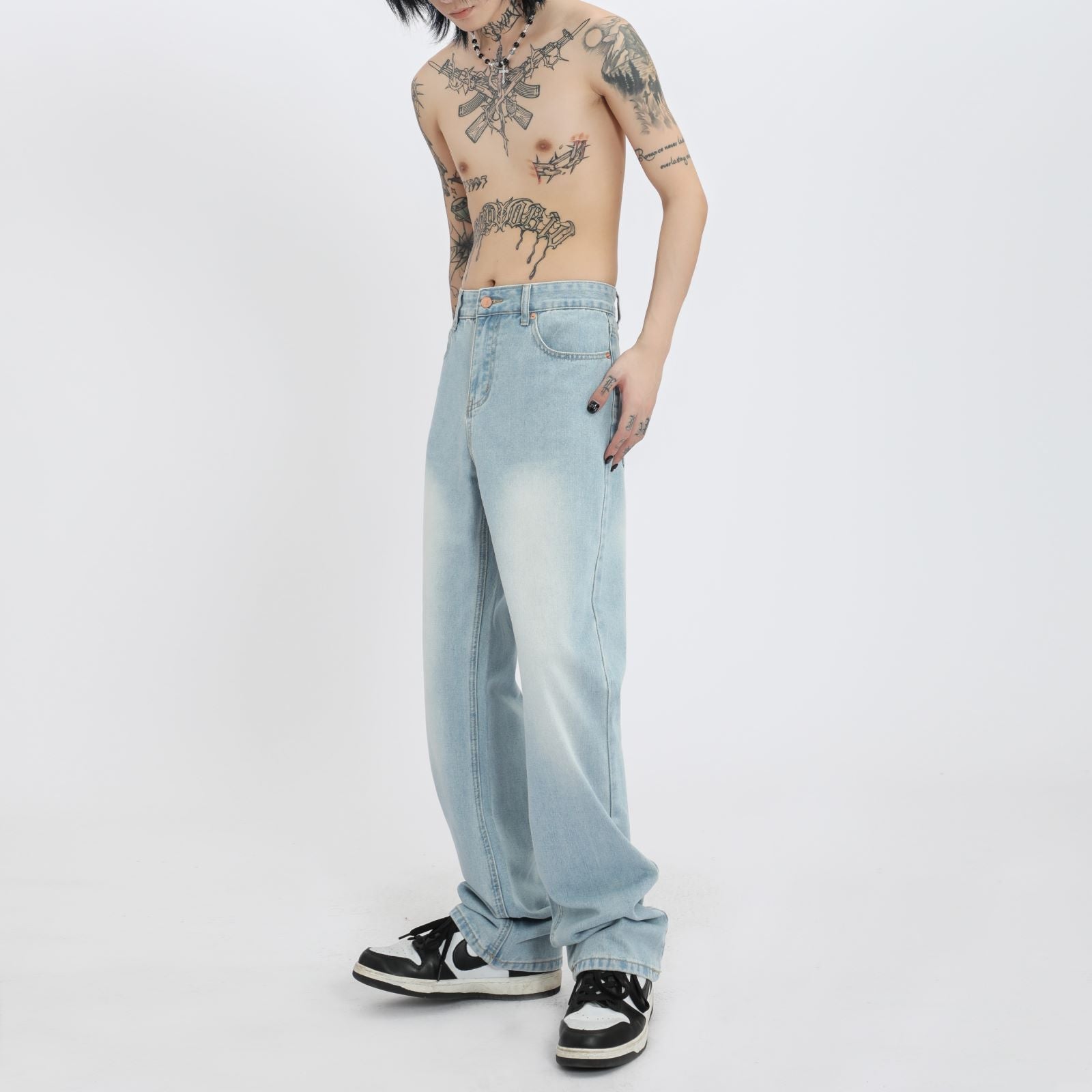 Eisblaue High Street Jeans-Bootcut-Hose im Used-Look