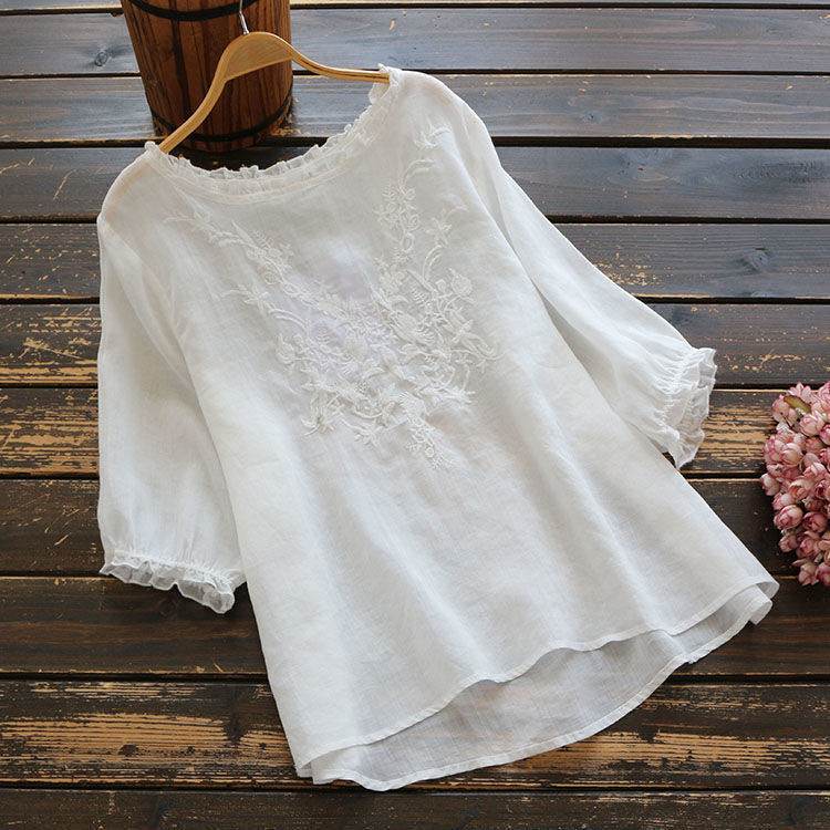 Fashion Cotton Plus Size Loose Embroidered T-shirt - Mubimart
