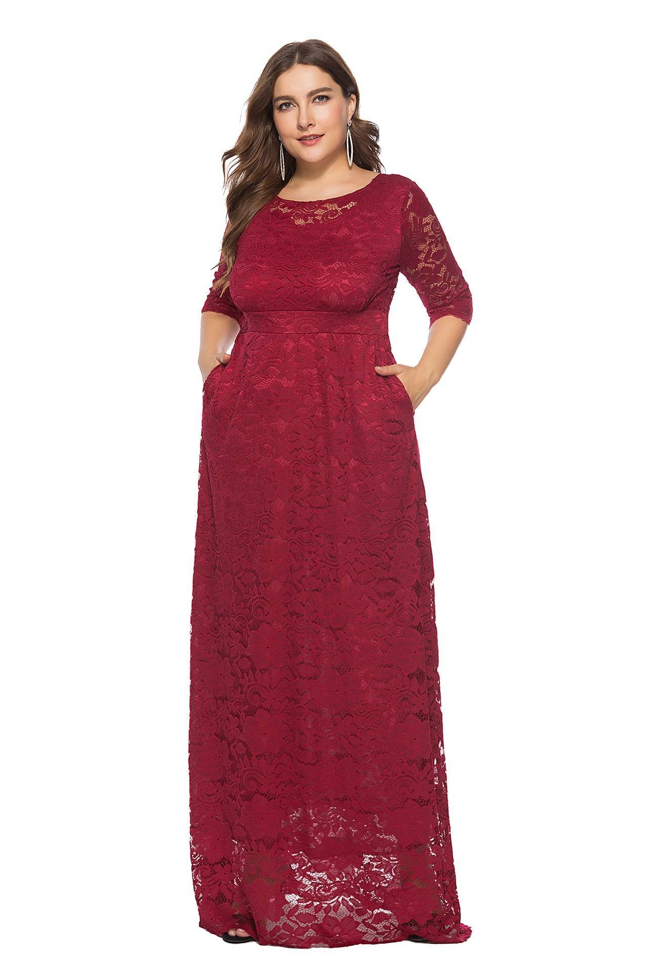 Plus Size Women New Hollow Lace Pocket Dress - Mubimart