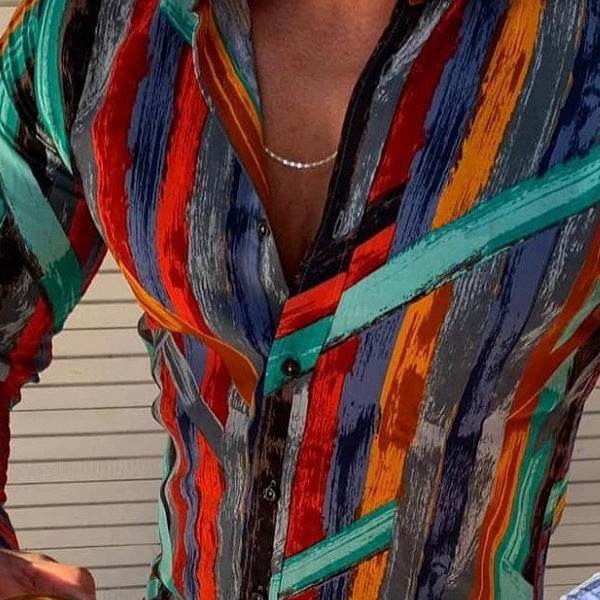 Motley Striped Lapel Button Down Shirt - Mubimart