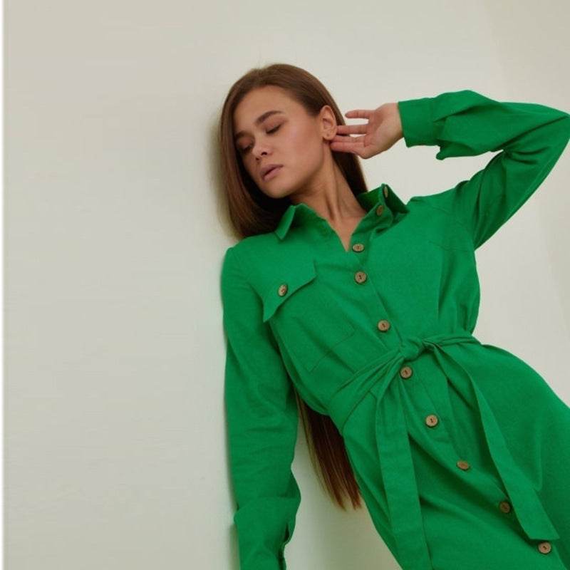 Women's Plus Size Loose Green Casual Waist Tight Dress - Mubimart