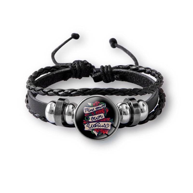 Mind Your Own Uterus Glass Snap Button Charm Bracelet Vintage Multi-layer Leather Bracelets For Women Men - Mubimart