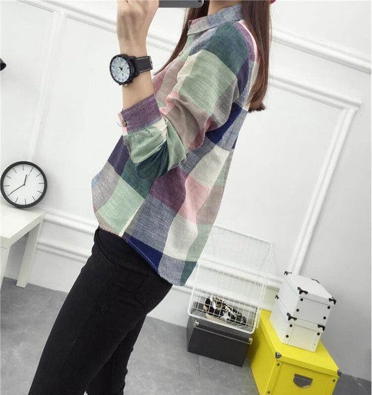 asual Plaid Women Blouses Kimono Vintage Linen Cotton Long Sleeve Blouse Female Shirts Tops - Mubimart