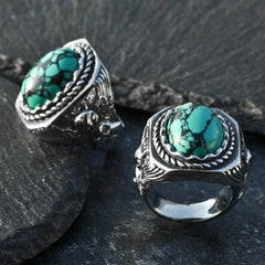 Vintage Turquoise Uil Ring Voor Mannen