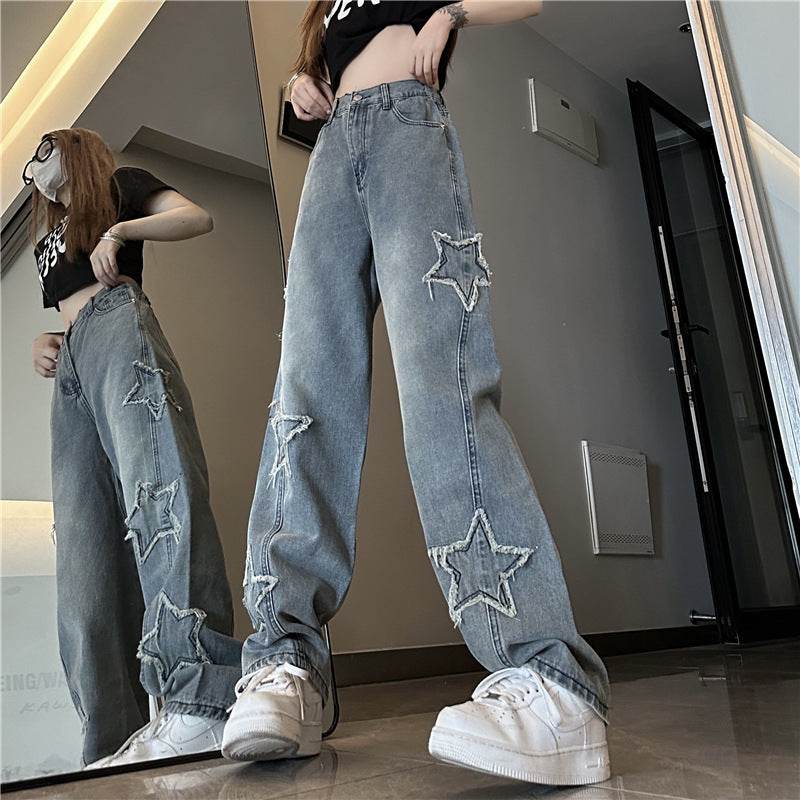 Blue XINGX Embroidered Jeans Women Loose Straight-leg Wide-leg Pants - Mubimart