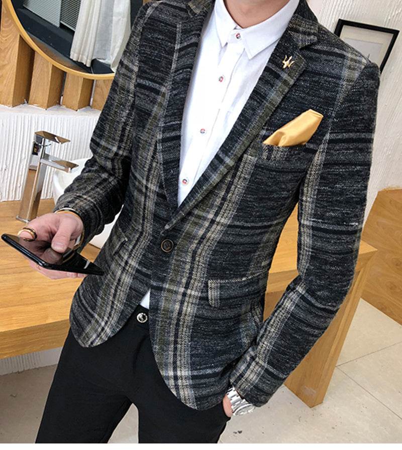 Men Blazer Slim Fit Designs Male Plaid Blazer - Mubimart