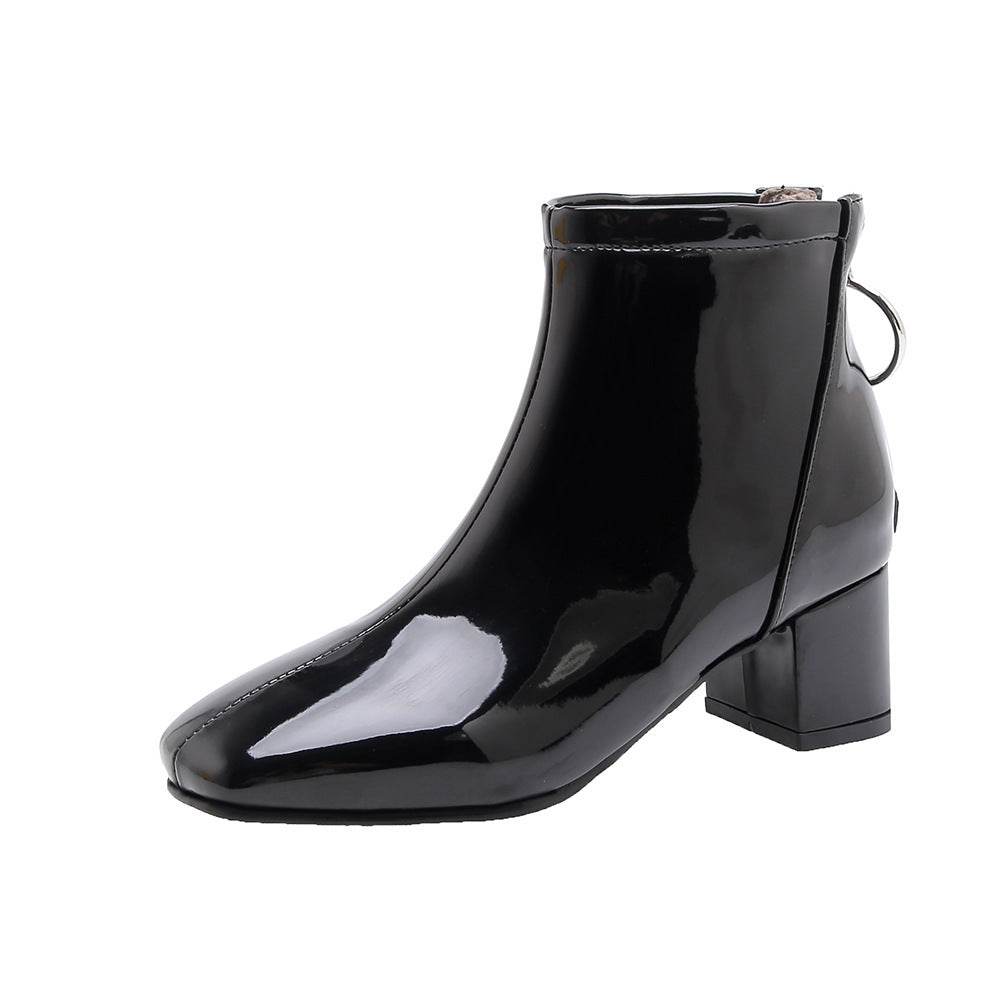 Mid heel lacquered square toe boots - Mubimart
