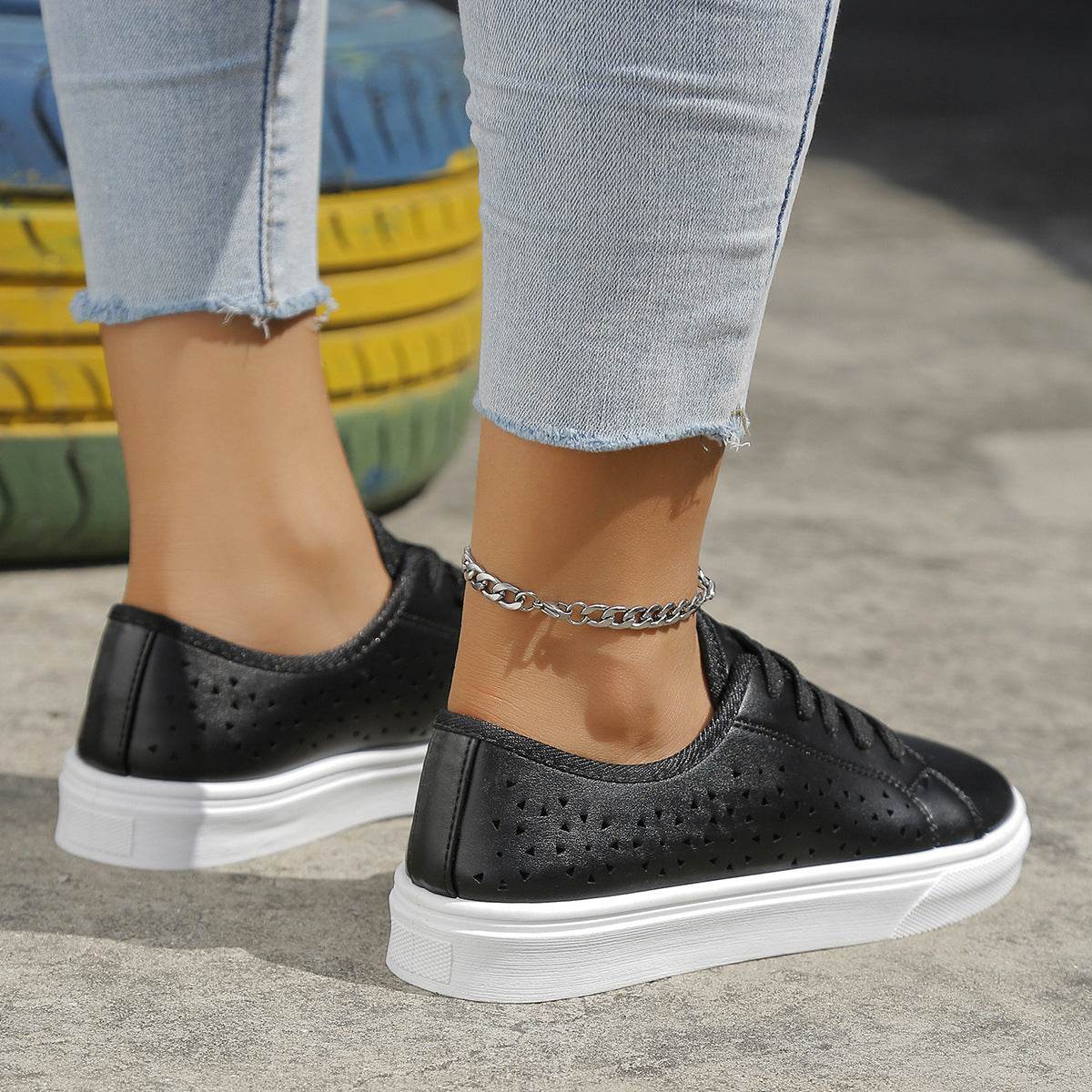 Cutout Flat Shoes Lace-up Hollow Out Walking Shoes For Women Loafers - Mubimart