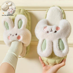 Cute Rabbit Shoes Winter Fuzzy Slippers Women Detachable Washable House Shoes - Mubimart - Fuzzy Slipper 