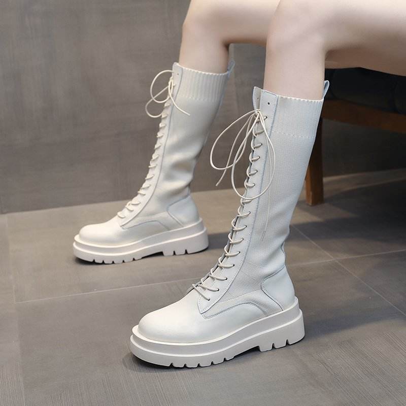 Women Boots Lace Up Mid Calf Boots High Platform Lace Up - Mubimart