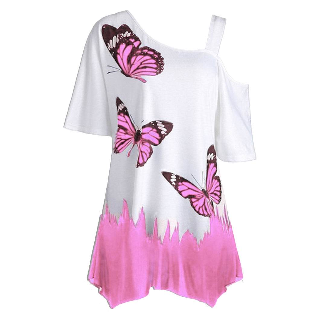 Short Sleeve Women Tops One Shoulder Summer Fashion Butterfly Printed Blouse Plus Size Tunic Casual Shirts Loose Blusas - Mubimart