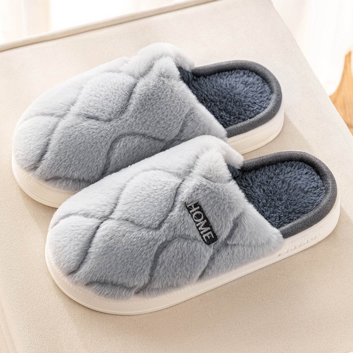 Plush Slippers Winter For Women Indoor Floor Bedroom Home Slipper Warm Solid House Shoes Men Couple - Mubimart