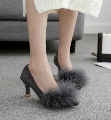 Pure color pointed hairy shallow mouth with a single shoes female Korean version of the wild professional work shoe - Mubimart