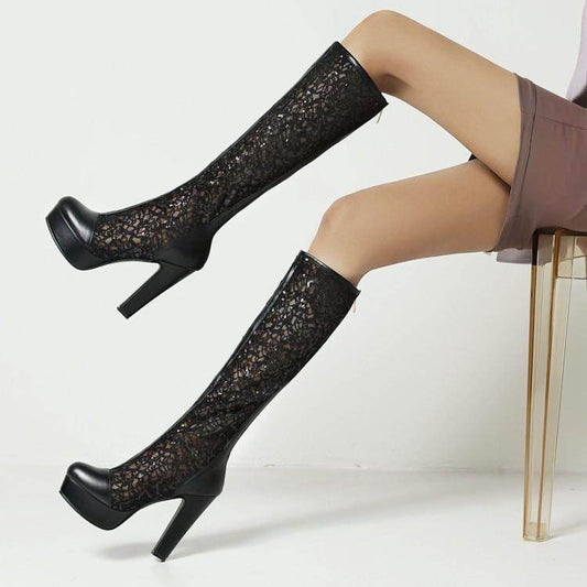 Summer Lace Thick High Heel Platform Women's High-top Mesh Sandal Boots - Mubimart