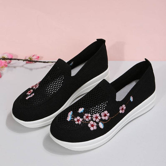 Loafers Women Flowers Embroidery Shoes Breathable Mesh Flats - Mubimart