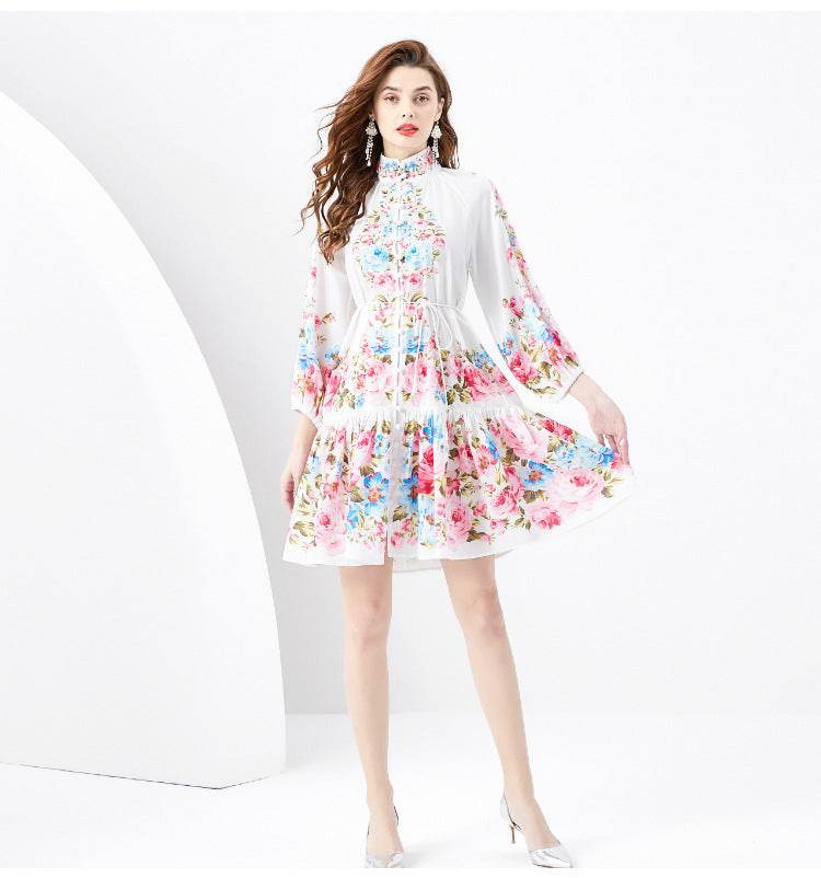 French Retro Printed Formal Dress - Mubimart