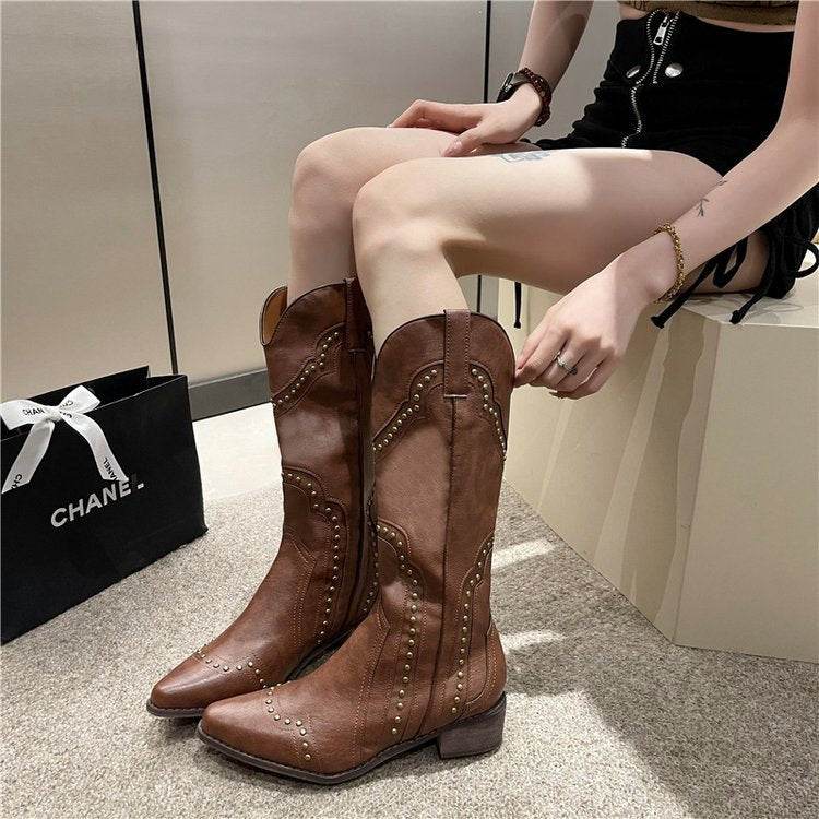 Retro Rivet Western Cowboy Boot All-match High-top Women - Mubimart