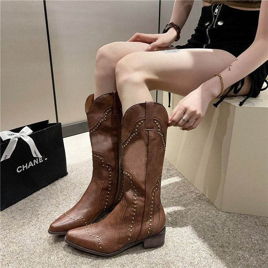 Retro Rivet Western Cowboy Boot All-match High-top Women - Mubimart
