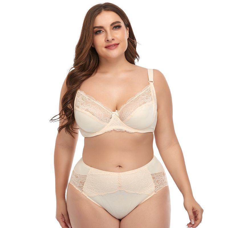 Plus Size Underwire Lace Trim Lingerie - Mubimart