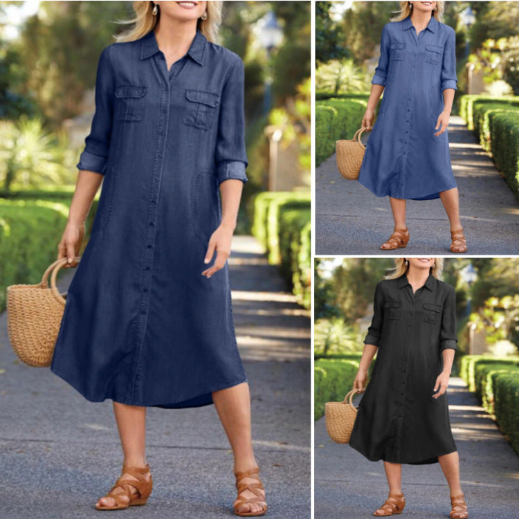 Denim Multi-pocket Dress Elegant Large Size - Mubimart - Denim Dress 