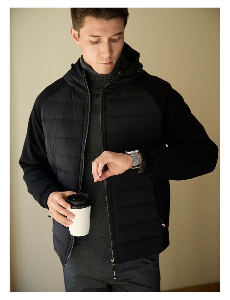Men's Down Jacket Hooded Thin Stitching Casual Jacket - Mubimart